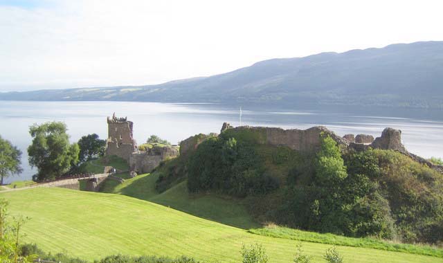 Distant view of Urquhart Castle on Loch Ness